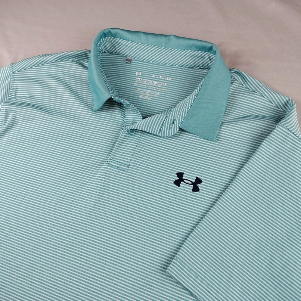 Under Amour Polo Shirt Mens XL Aqua Blue Striped Performance Golf Heatgear EUC